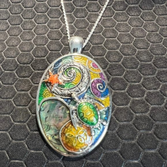 Venice By The Sea Jewelry Jewelry - Turtle Necklace Oval with Star Fish and Sand Dollar 18K White Gold Plated